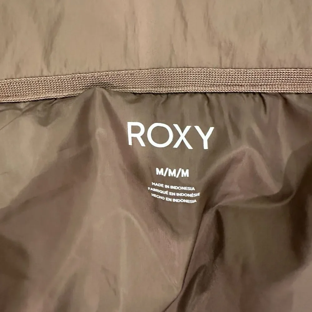 Roxy Quilted Puffer Jacket Brown Warm Mock Neck Full Zip Boxy Size Medium M